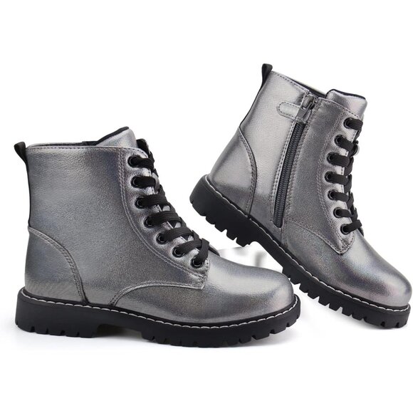 Kids Grey Ankle Boots Boys Girls Side Zipper Lace Up Work Boots Combat Boots - Picture 5 of 7